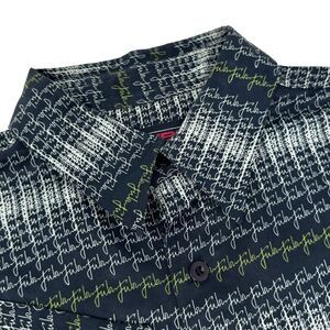 FUBU Vintage Black Grey Green Logo Pattern Short Sleeve Button Up Shirt Size XL